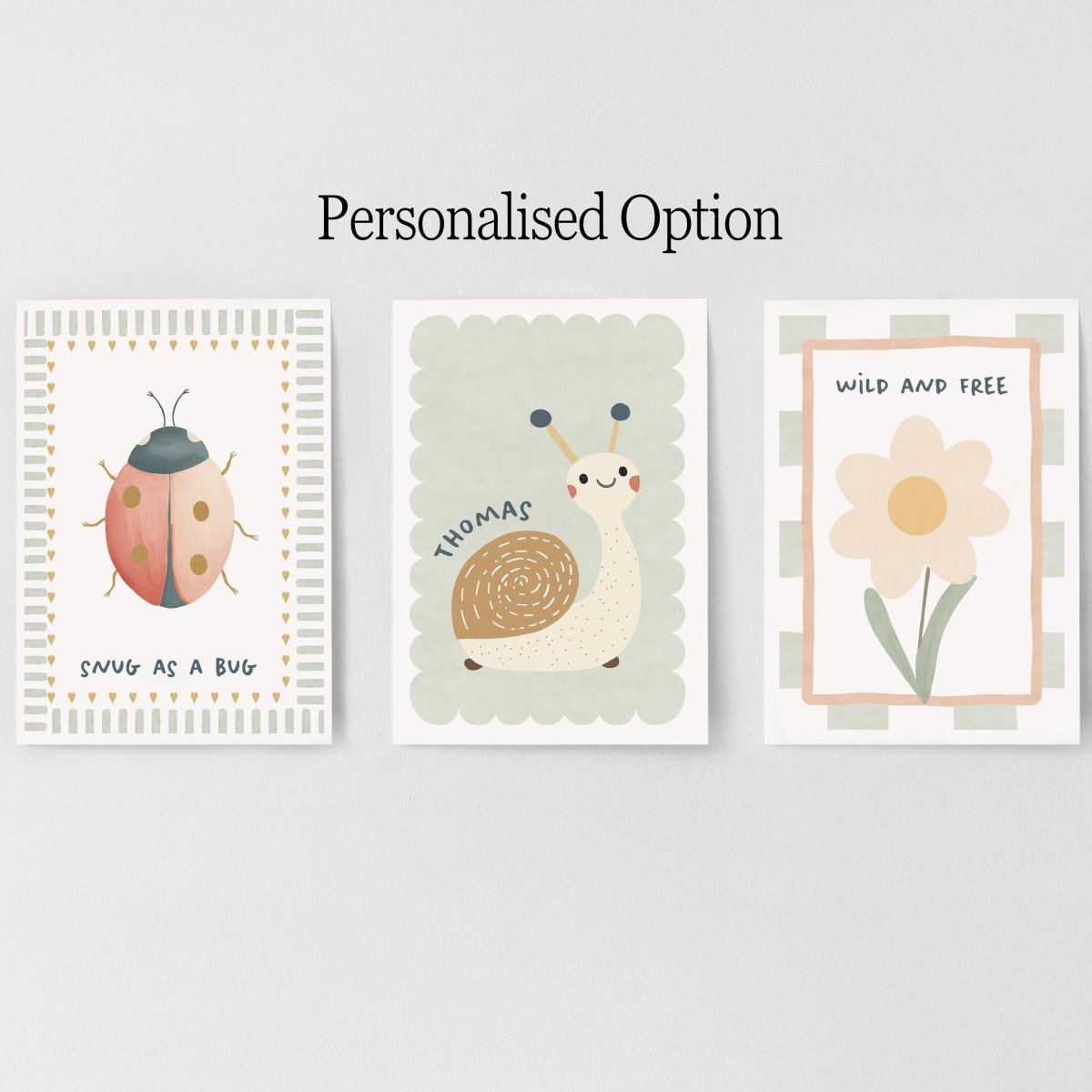 Retro Folk Nursery Print Set – Snail, Ladybird & Daisy - RoseRowanDesign -