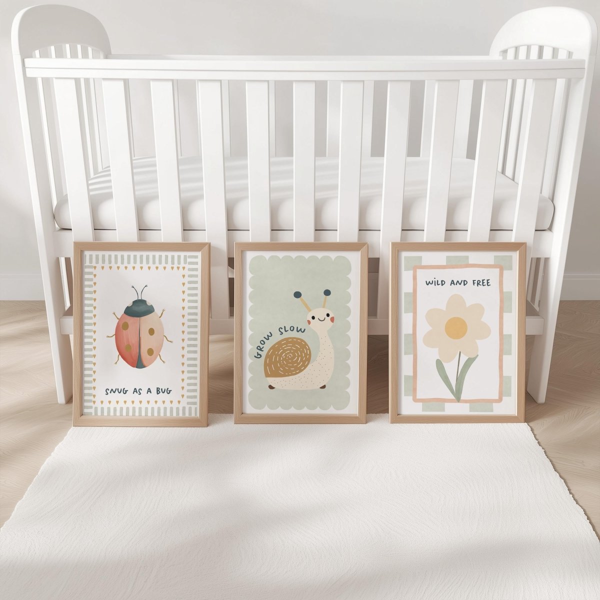 Retro Folk Nursery Print Set – Snail, Ladybird & Daisy - RoseRowanDesign -