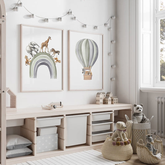 Safari Animal Balloon Nursery Prints | Set of 2 | Green Wall Art for Baby's Room - RoseRowanDesign -