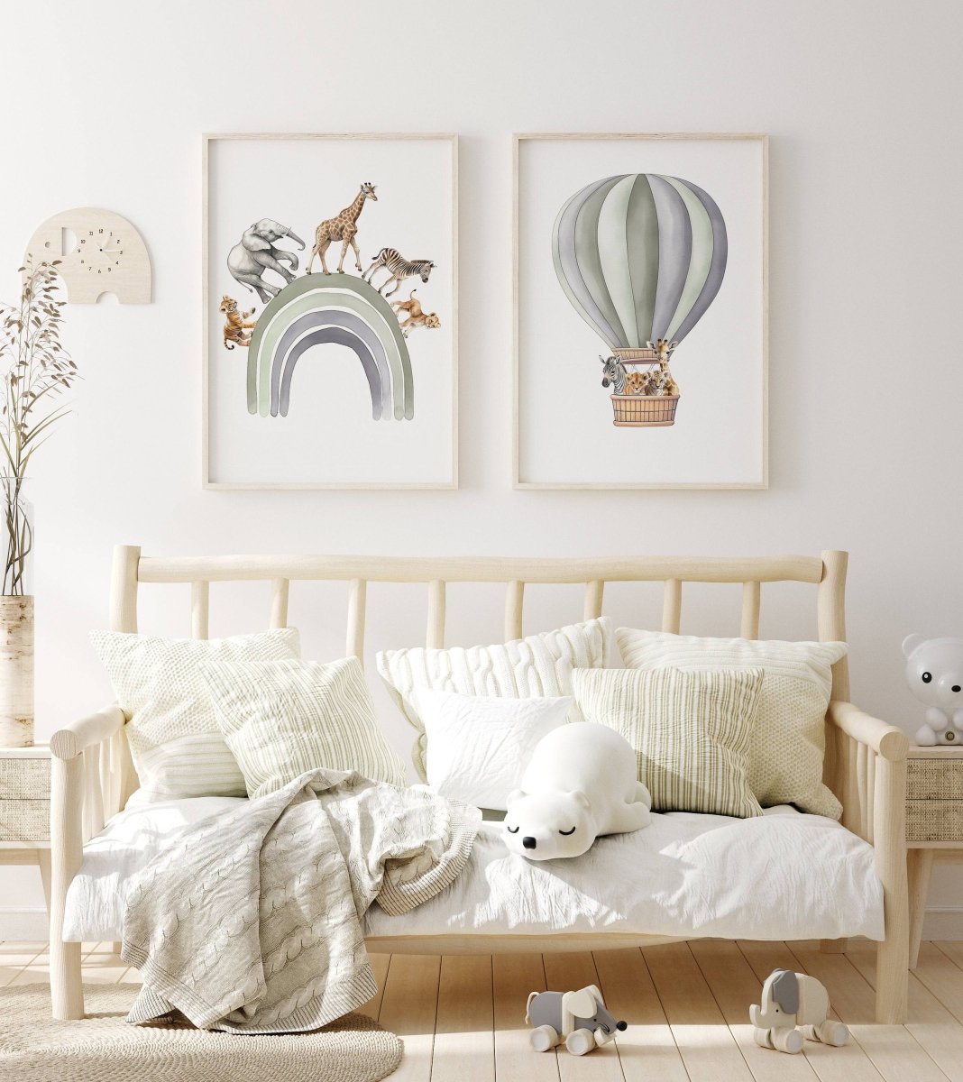 Safari Animal Balloon Nursery Prints | Set of 2 | Green Wall Art for Baby's Room - RoseRowanDesign -