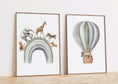 Load image into Gallery viewer, Safari Animal Balloon Nursery Prints | Set of 2 | Green Wall Art for Baby's Room - RoseRowanDesign -