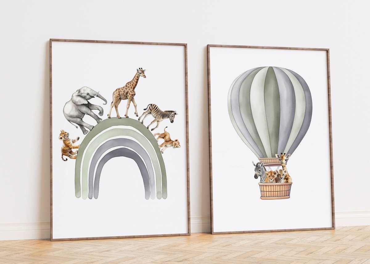 Safari Animal Balloon Nursery Prints | Set of 2 | Green Wall Art for Baby's Room - RoseRowanDesign -