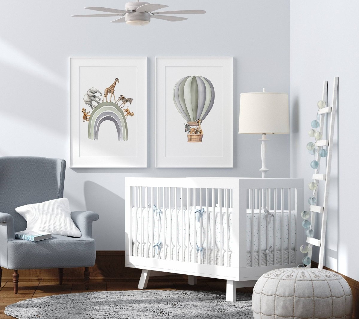 Safari Animal Balloon Nursery Prints | Set of 2 | Green Wall Art for Baby's Room - RoseRowanDesign -