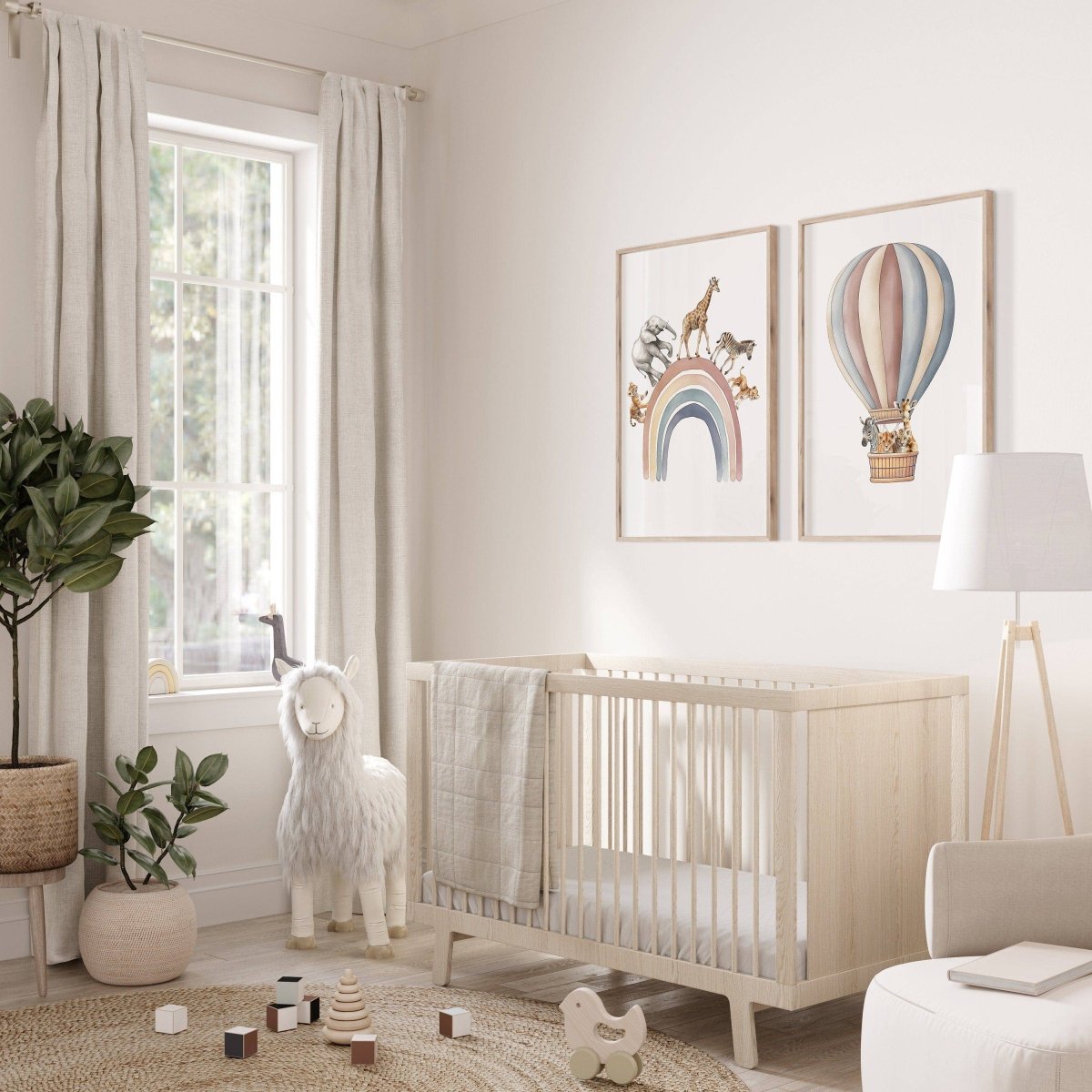 Safari Animal Balloon Nursery Prints | Set of 2 | Neutral Rainbow Wall Art for Baby's Room - RoseRowanDesign -