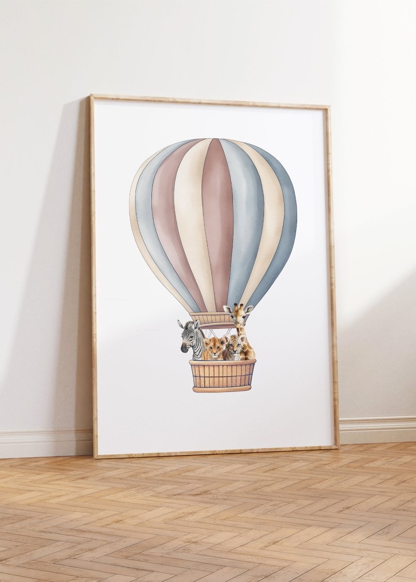 Safari Animal Balloon Nursery Prints | Set of 2 | Neutral Rainbow Wall Art for Baby's Room - RoseRowanDesign -