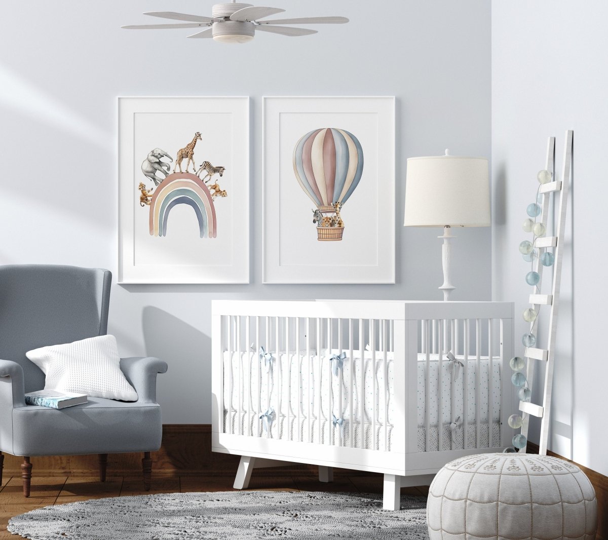 Safari Animal Balloon Nursery Prints | Set of 2 | Neutral Rainbow Wall Art for Baby's Room - RoseRowanDesign -