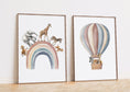 Load image into Gallery viewer, Safari Animal Balloon Nursery Prints | Set of 2 | Neutral Rainbow Wall Art for Baby's Room - RoseRowanDesign -