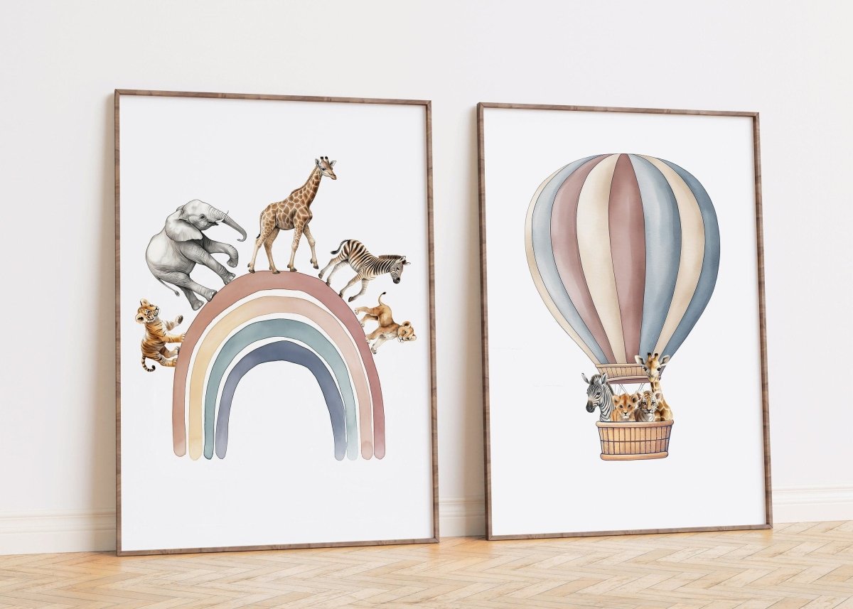 Safari Animal Balloon Nursery Prints | Set of 2 | Neutral Rainbow Wall Art for Baby's Room - RoseRowanDesign -
