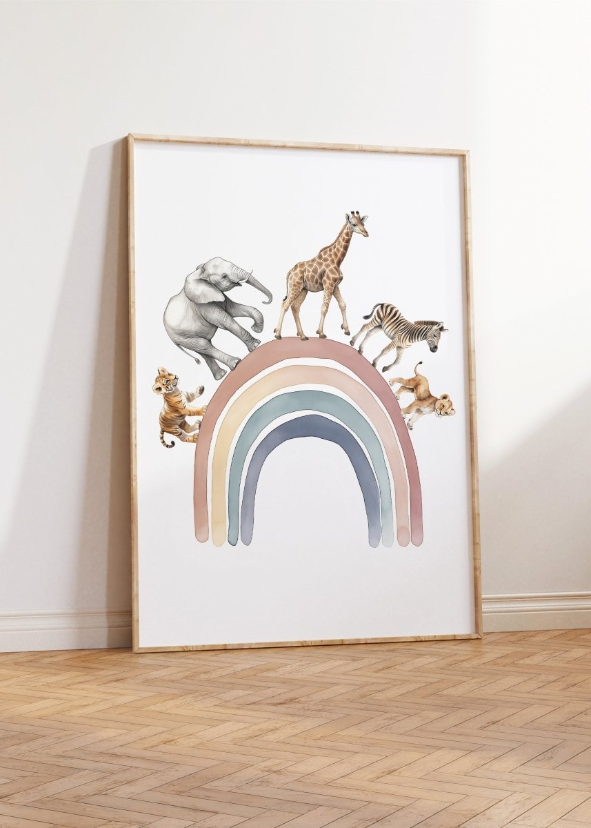 Safari Animal Balloon Nursery Prints | Set of 2 | Neutral Rainbow Wall Art for Baby's Room - RoseRowanDesign -