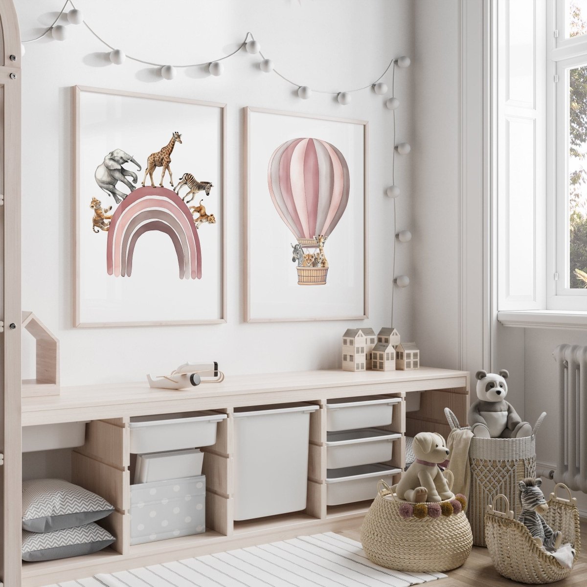 Safari Animal Balloon Nursery Prints | Set of 2 | Pink Rainbow Wall Art for Baby Girl's Room - RoseRowanDesign -