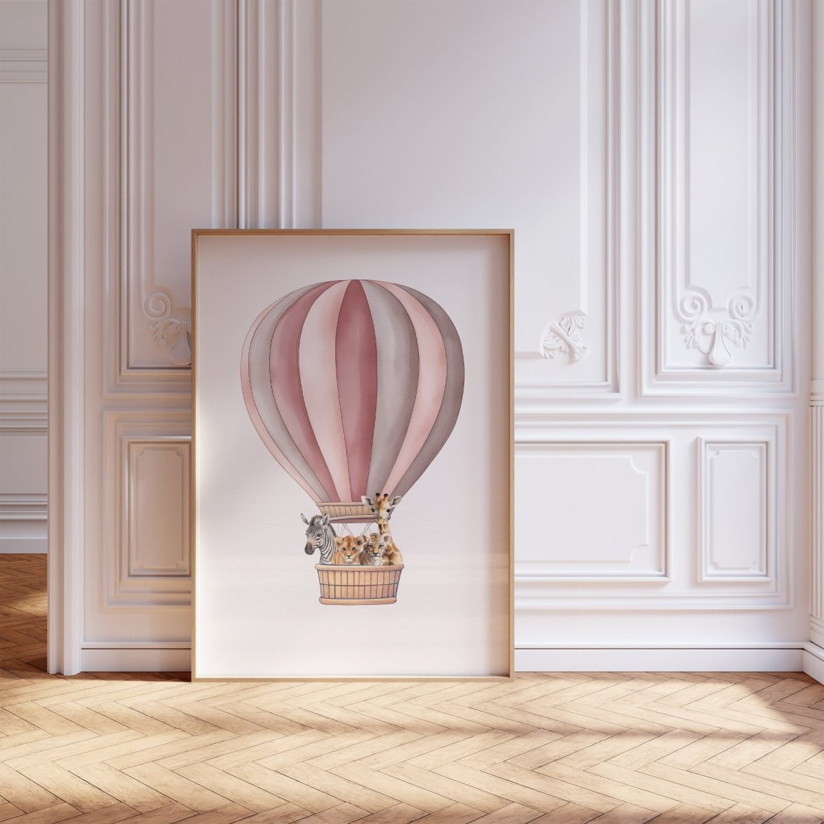 Safari Animal Balloon Nursery Prints | Set of 2 | Pink Rainbow Wall Art for Baby Girl's Room - RoseRowanDesign -
