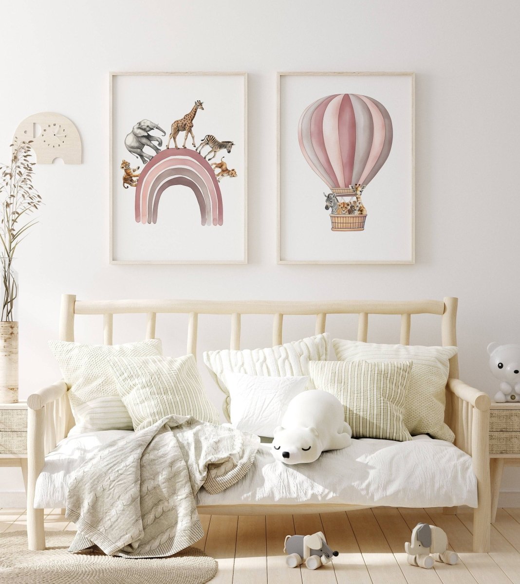 Safari Animal Balloon Nursery Prints | Set of 2 | Pink Rainbow Wall Art for Baby Girl's Room - RoseRowanDesign -