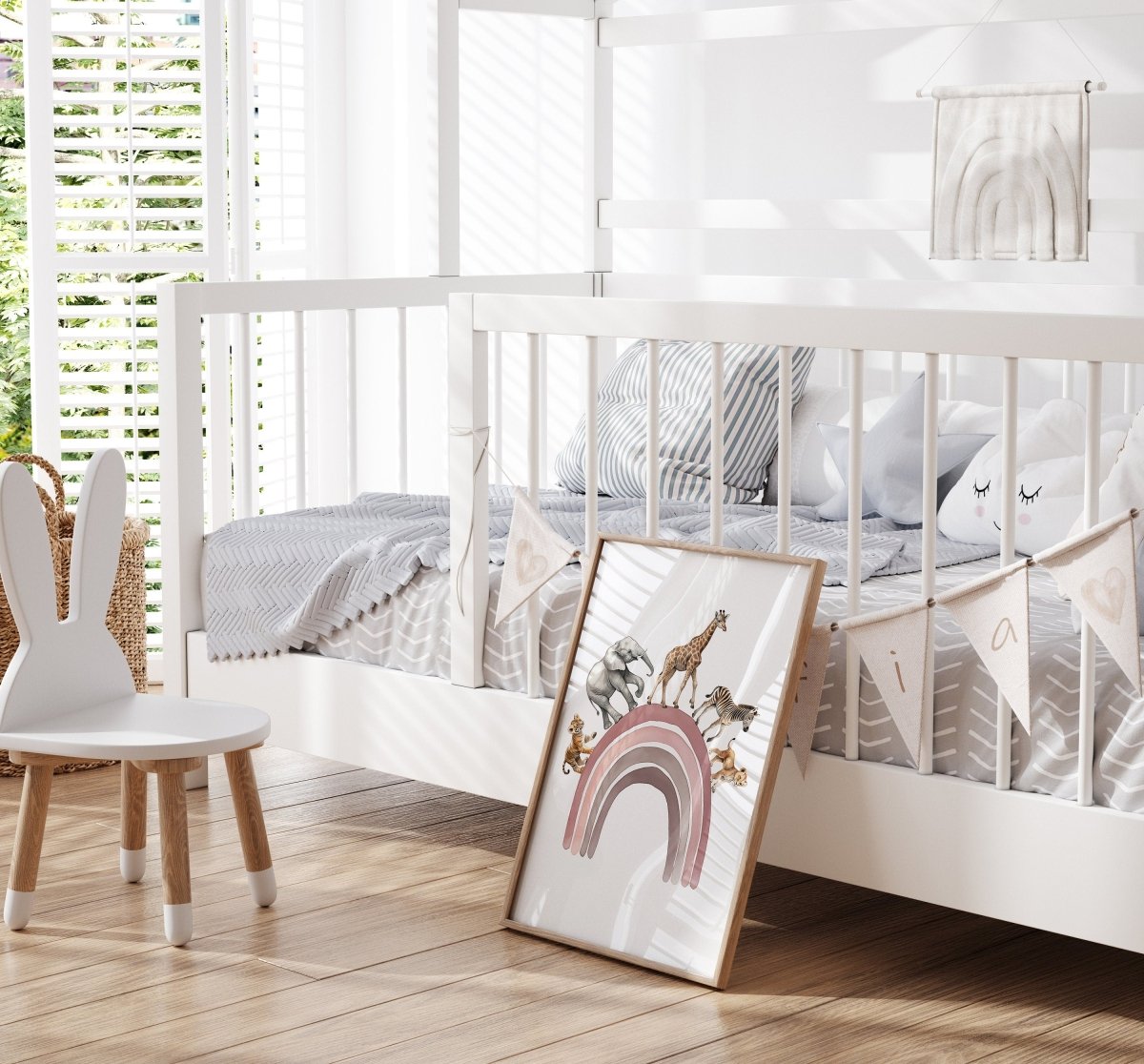 Safari Animal Balloon Nursery Prints | Set of 2 | Pink Rainbow Wall Art for Baby Girl's Room - RoseRowanDesign -