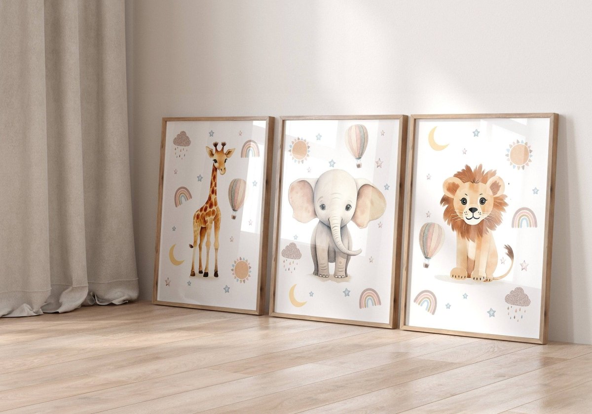 Safari Animal Boho Nursery Prints | Set of 3 | Unisex Wall Art for Baby's Room - RoseRowanDesign -