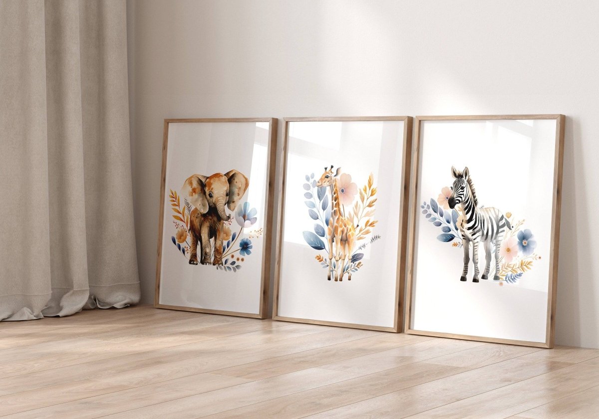 Safari Animal Boho Nursery Prints | Set of 3 | Wildflower Wall Art for Baby's Room - RoseRowanDesign -