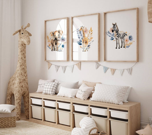 Safari Animal Boho Nursery Prints | Set of 3 | Wildflower Wall Art for Baby's Room - RoseRowanDesign -
