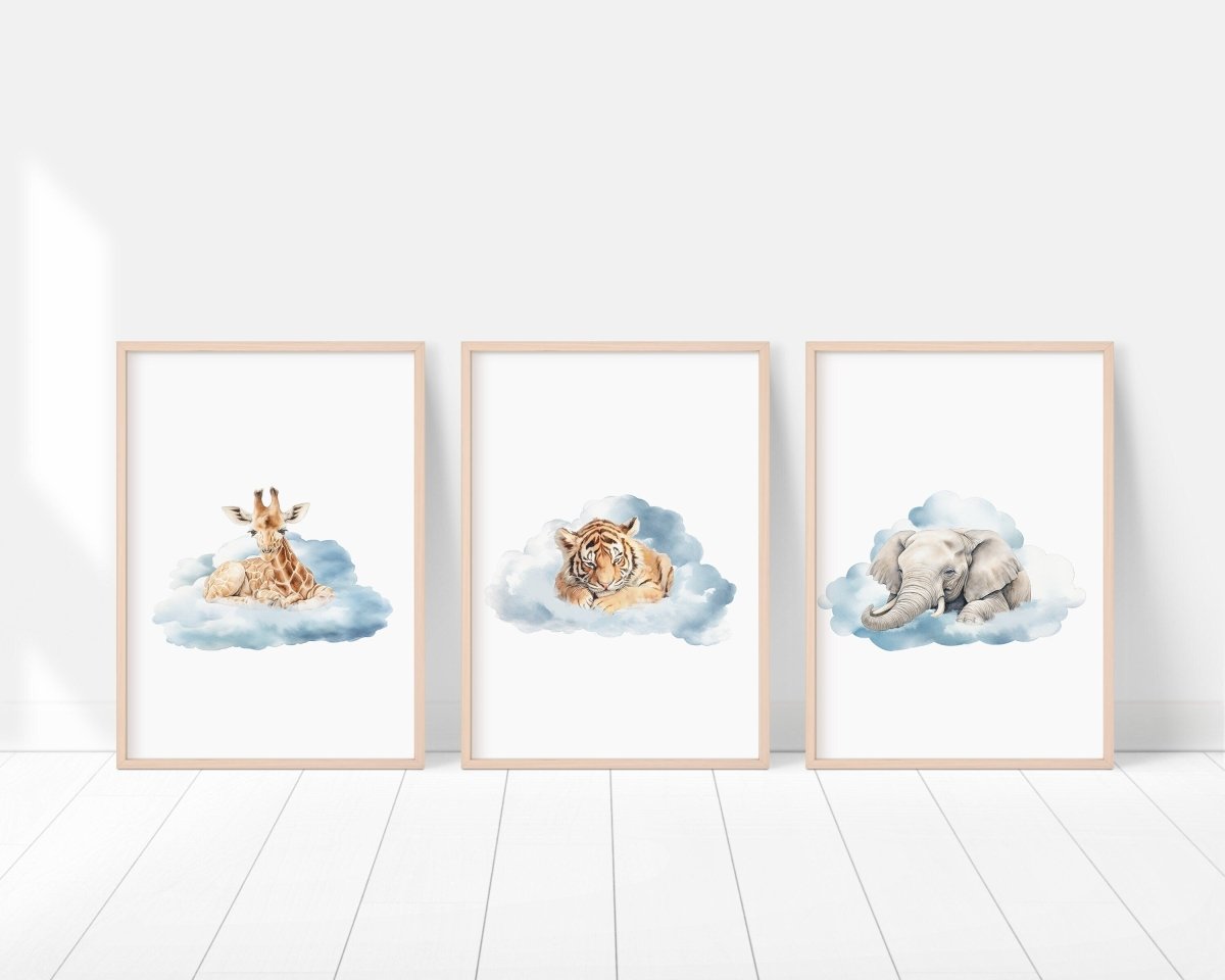 Safari Animal Cloud Nursery Prints | Set of 3 | Neutral Wall Art for Baby's Room - RoseRowanDesign -
