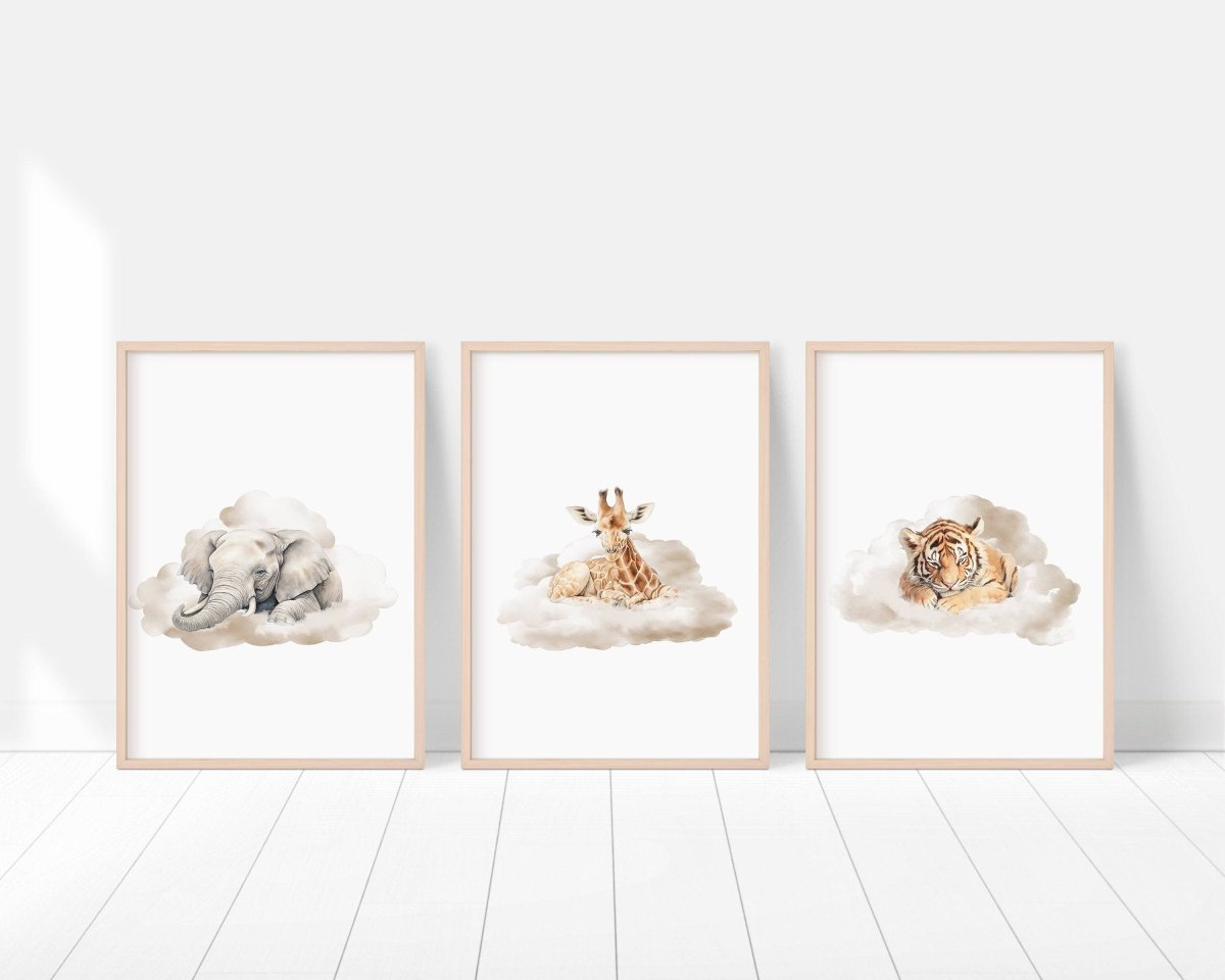 Safari Animal Cloud Nursery Prints | Set of 3 | Neutral Wall Art for Baby's Room - RoseRowanDesign -