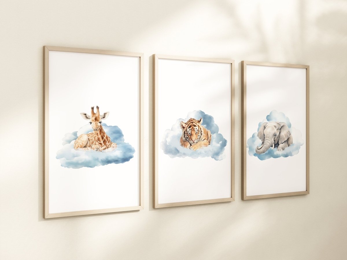 Safari Animal Cloud Nursery Prints | Set of 3 | Neutral Wall Art for Baby's Room - RoseRowanDesign -