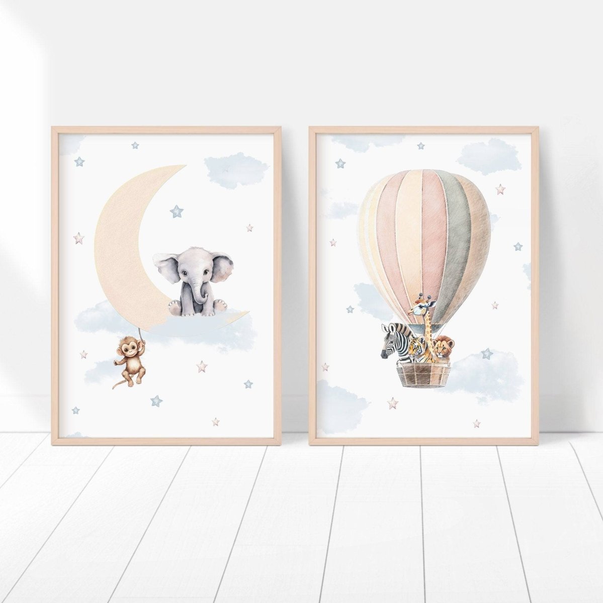 Safari Animal Hot Air Balloon Nursery Prints | Set of 2 | Neutral Moon and Stars Wall Art for Baby's Room - RoseRowanDesign -