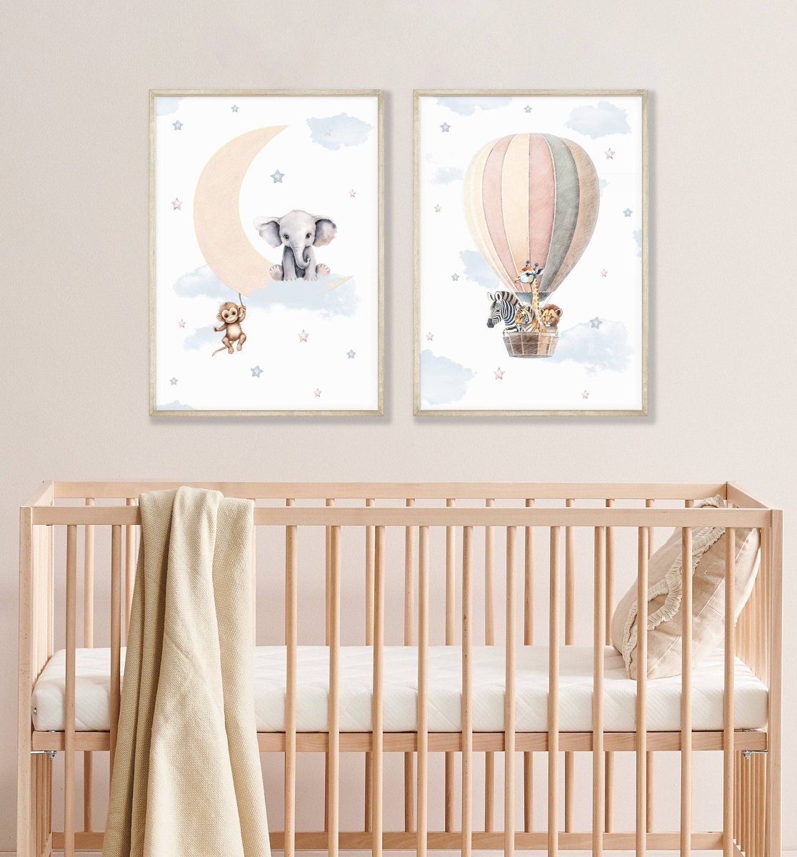 Safari Animal Hot Air Balloon Nursery Prints | Set of 2 | Neutral Moon and Stars Wall Art for Baby's Room - RoseRowanDesign -
