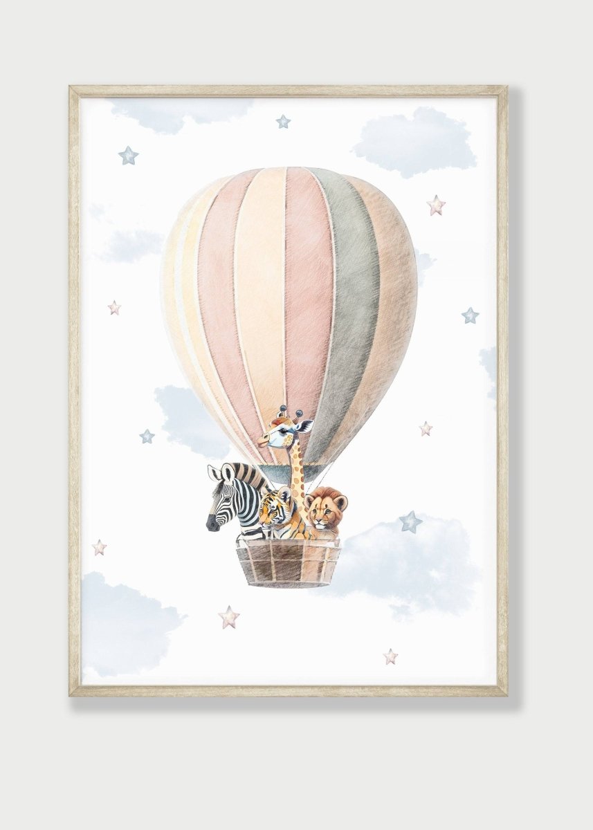 Safari Animal Hot Air Balloon Nursery Prints | Set of 2 | Neutral Moon and Stars Wall Art for Baby's Room - RoseRowanDesign -