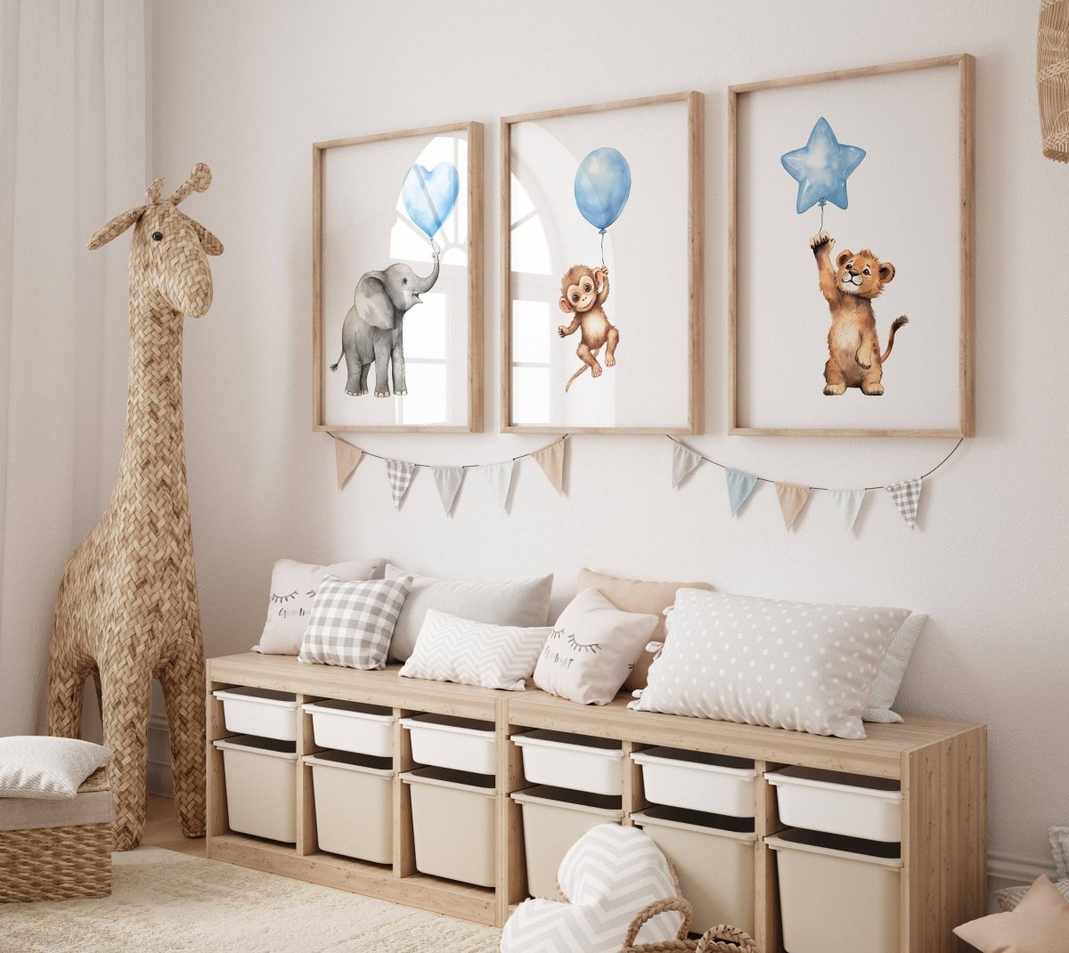 Safari Animal Nursery Prints | Set of 3 | Blue Balloon Wall Art for Baby Boy's Bedroom - RoseRowanDesign -
