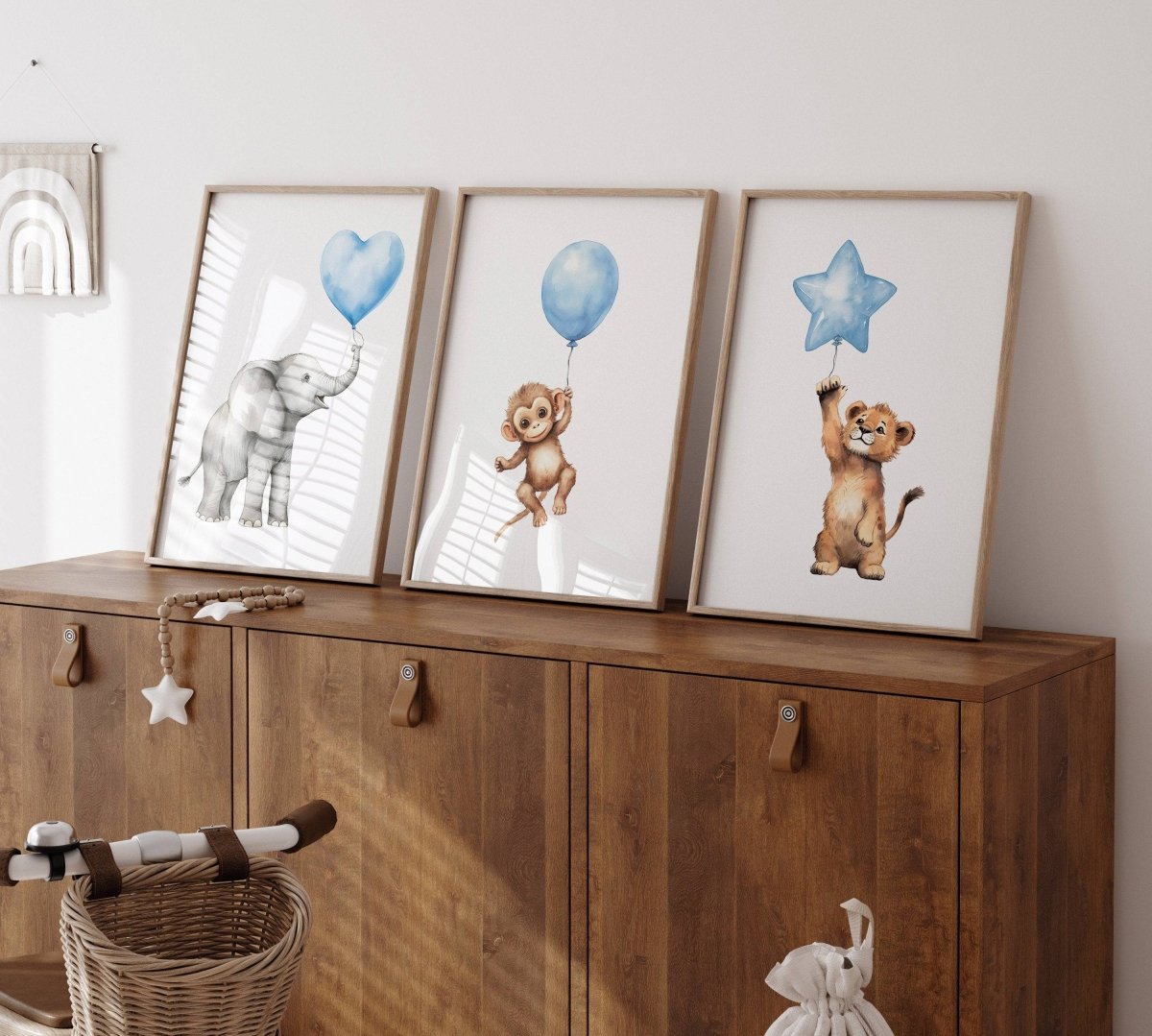 Safari Animal Nursery Prints | Set of 3 | Blue Balloon Wall Art for Baby Boy's Bedroom - RoseRowanDesign -