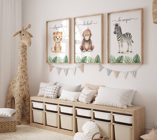 Safari Animal Nursery Prints | Set of 3 | Jungle Theme Wall Art for Babies' Room - RoseRowanDesign -