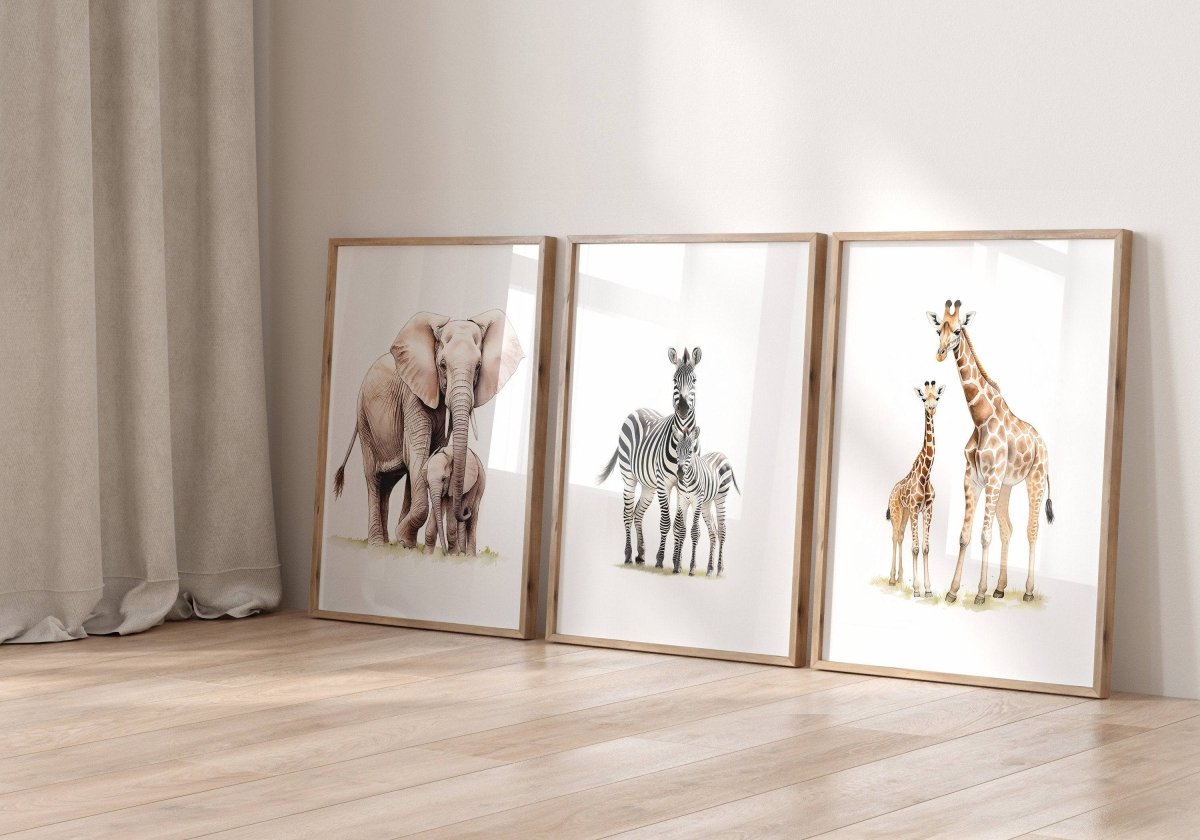Safari Animal Nursery Prints | Set of 3 | Neutral Wall Art for Baby's Room - RoseRowanDesign -
