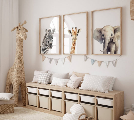 Safari Animal Nursery Prints | Set of 3 | Neutral Wall Art for Baby's Room - RoseRowanDesign -