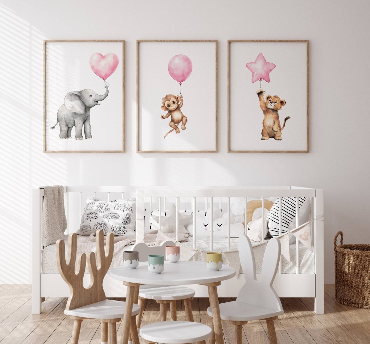 Safari Animal Nursery Prints | Set of 3 | Pink Balloon Wall Art for Baby Girl's Bedroom - RoseRowanDesign -
