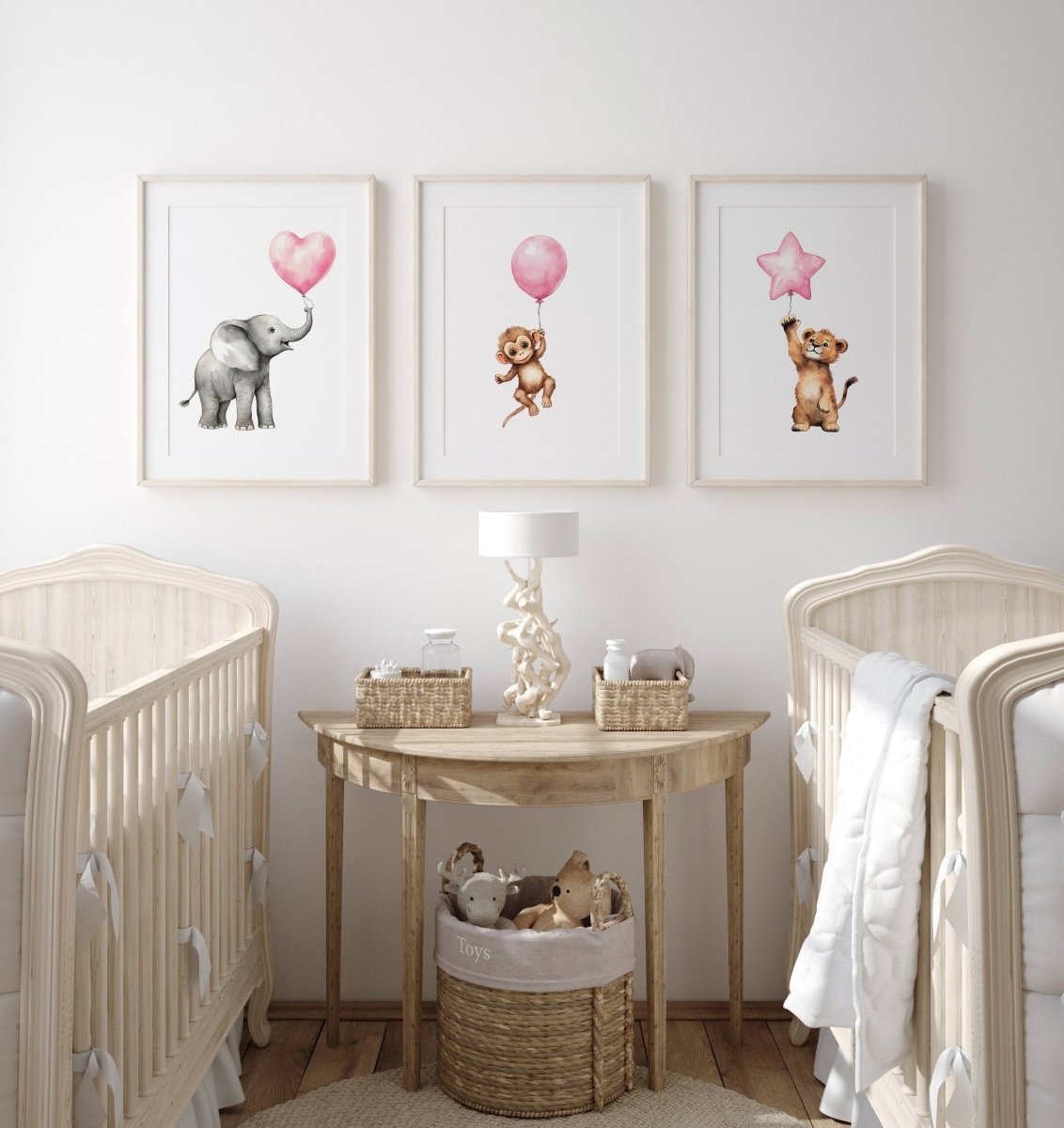 Safari Animal Nursery Prints | Set of 3 | Pink Balloon Wall Art for Baby Girl's Bedroom - RoseRowanDesign -