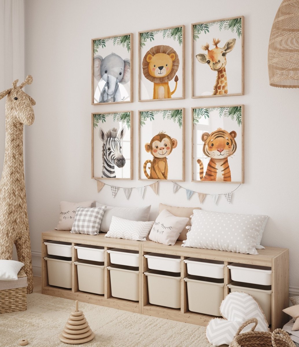 Safari Animal Nursery Prints | Set of 6 | Gender - Neutral Jungle Wall Art for Baby’s Room - RoseRowanDesign -