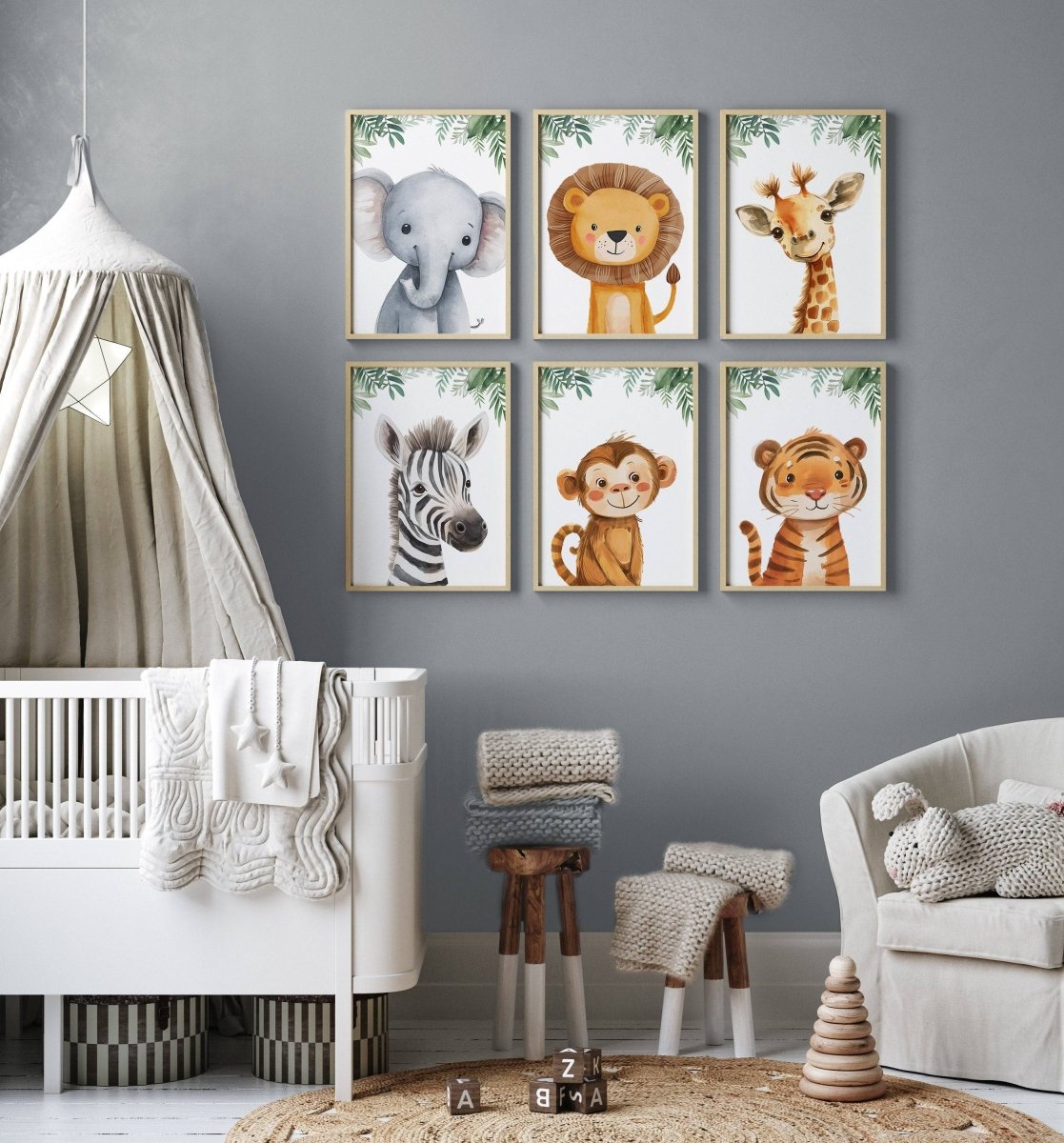 Safari Animal Nursery Prints | Set of 6 | Gender - Neutral Jungle Wall Art for Baby’s Room - RoseRowanDesign -