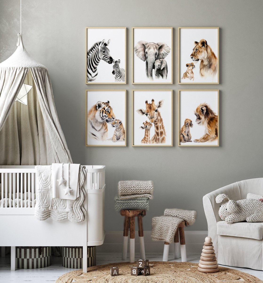 Safari Animal Nursery Prints | Set of 6 | Jungle Theme Wall Art for Gender - Neutral Kids' Room - RoseRowanDesign -