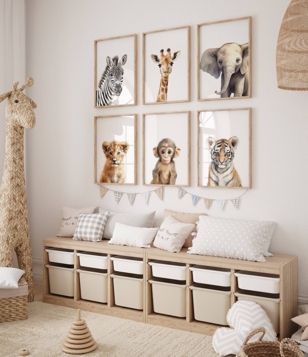 Safari Animal Nursery Prints | Set of 6 | Neutral Wall Art for Baby's Room - RoseRowanDesign -