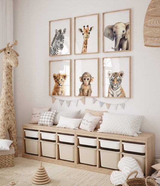Safari Animal Nursery Prints | Set of 6 | Neutral Wall Art for Baby's Room - RoseRowanDesign -