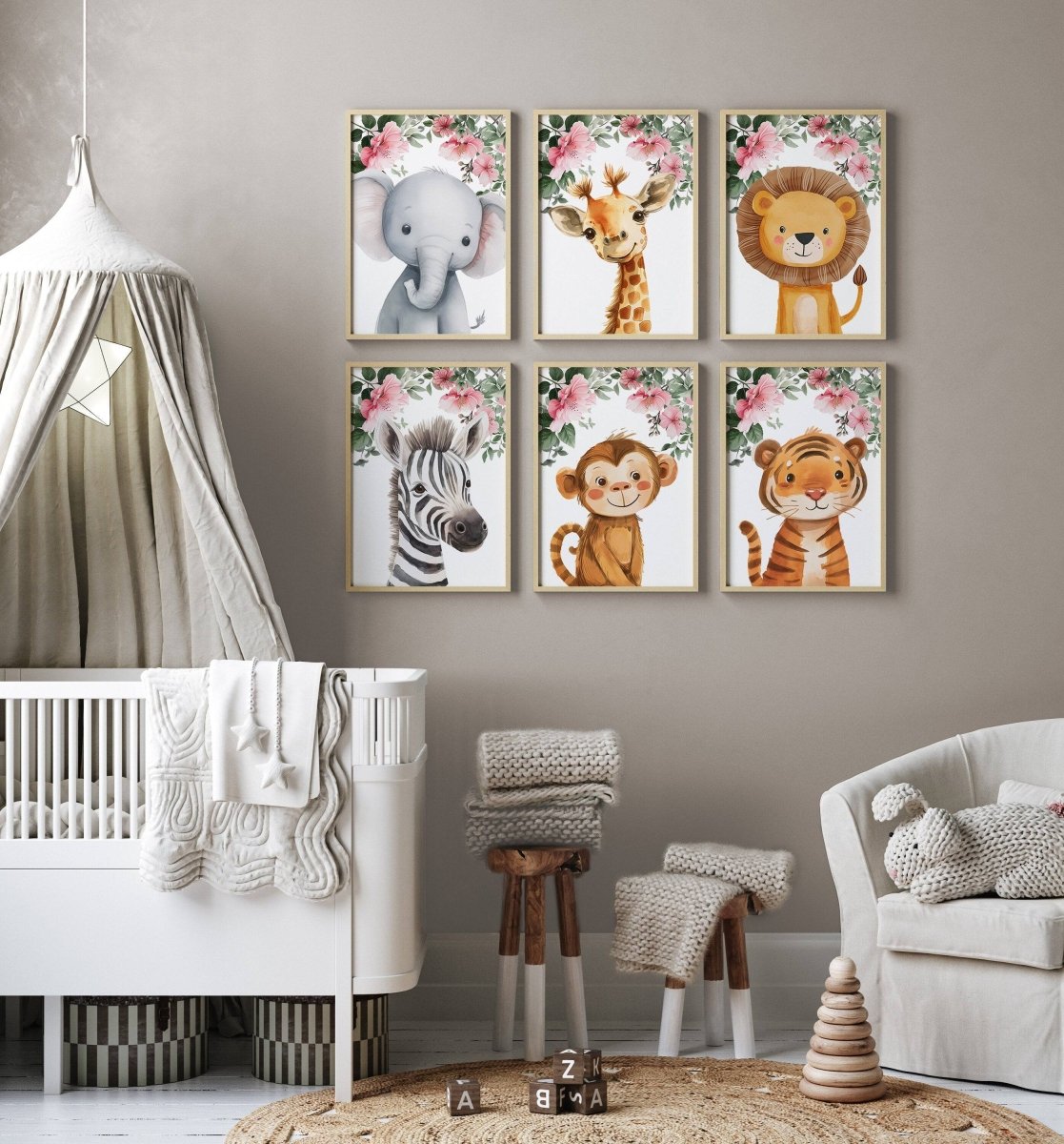 Safari Animal Nursery Prints | Set of 6 | Pink Jungle Decor for Girls' Room or Nursery - RoseRowanDesign -