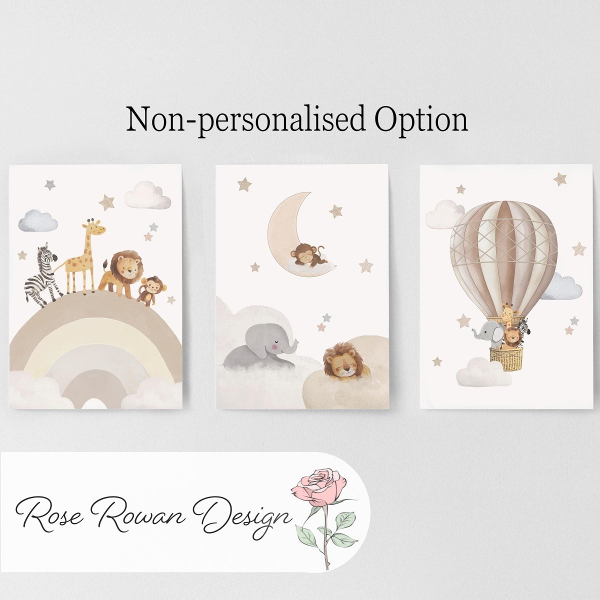 Safari Animal Nursery Wall Prints, Set of 3 Hot Air Balloon, Rainbow, Optional Frame Boys Bedroom Decor, Gift for Kid Room, Playroom Posters - RoseRowanDesign -