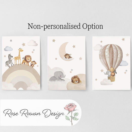 Safari Animal Nursery Wall Prints, Set of 3 Hot Air Balloon, Rainbow, Optional Frame Boys Bedroom Decor, Gift for Kid Room, Playroom Posters - RoseRowanDesign -