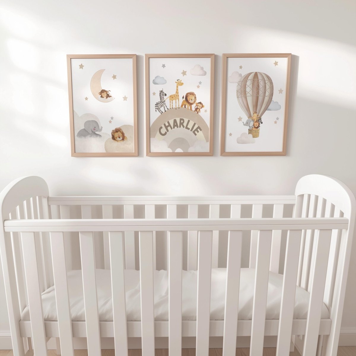 Safari Animal Nursery Wall Prints, Set of 3 Hot Air Balloon, Rainbow, Optional Frame Boys Bedroom Decor, Gift for Kid Room, Playroom Posters - RoseRowanDesign -