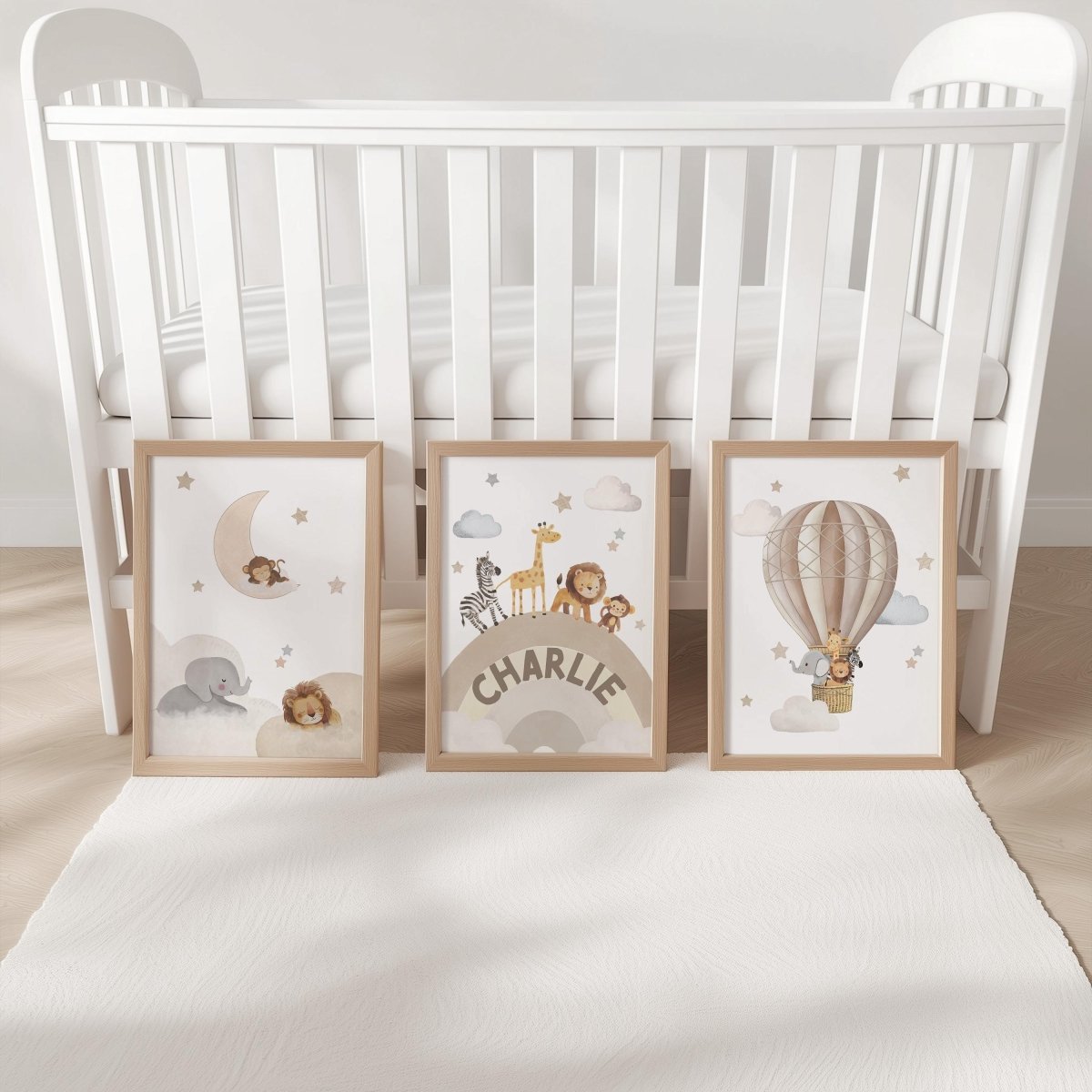 Safari Animal Nursery Wall Prints, Set of 3 Hot Air Balloon, Rainbow, Optional Frame Boys Bedroom Decor, Gift for Kid Room, Playroom Posters - RoseRowanDesign -