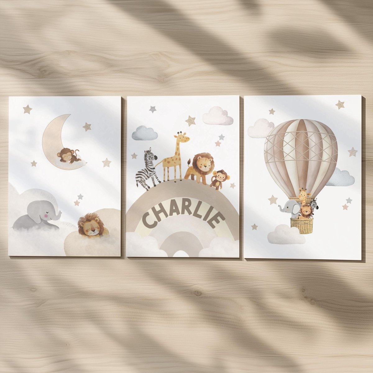 Safari Animal Nursery Wall Prints, Set of 3 Hot Air Balloon, Rainbow, Optional Frame Boys Bedroom Decor, Gift for Kid Room, Playroom Posters - RoseRowanDesign -