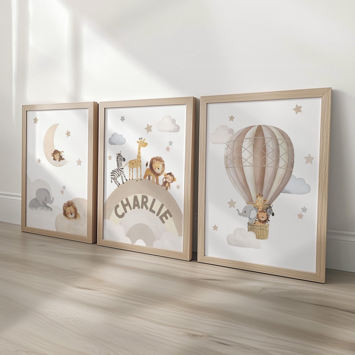 Safari Animal Nursery Wall Prints, Set of 3 Hot Air Balloon, Rainbow, Optional Frame Boys Bedroom Decor, Gift for Kid Room, Playroom Posters - RoseRowanDesign -