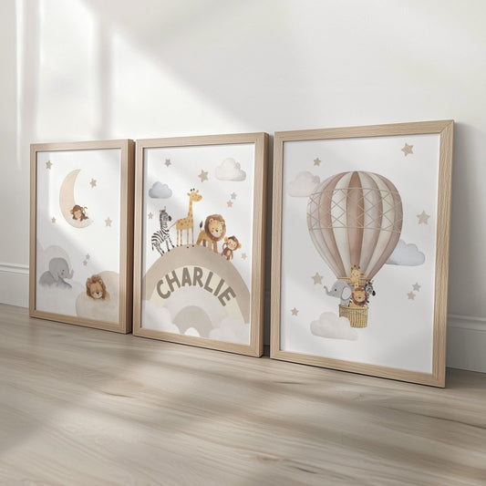 Safari Animal Nursery Wall Prints, Set of 3 Hot Air Balloon, Rainbow, Optional Frame Boys Bedroom Decor, Gift for Kid Room, Playroom Posters - RoseRowanDesign -