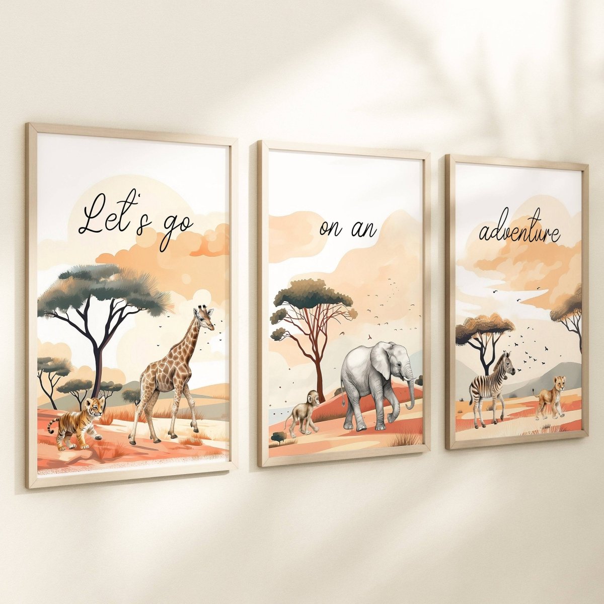 Safari Animal Nursery Wall Prints, Set of 3 Safari Animals For Babies Bedroom, Gender Neutral Nursery Decor, Lets Go On An Adventure - RoseRowanDesign -