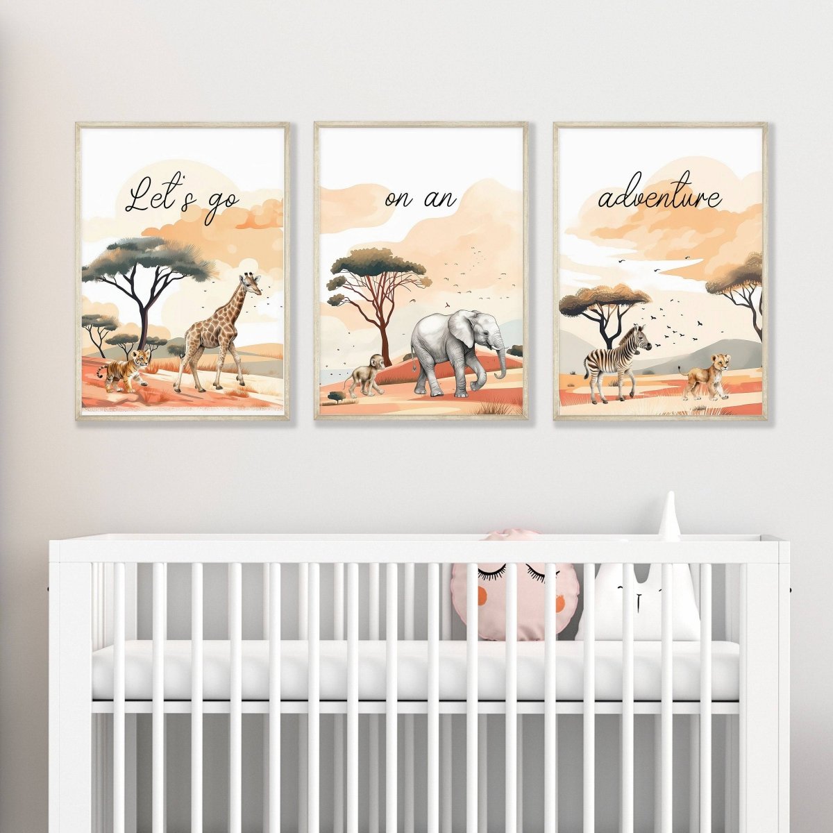 Safari Animal Nursery Wall Prints, Set of 3 Safari Animals For Babies Bedroom, Gender Neutral Nursery Decor, Lets Go On An Adventure - RoseRowanDesign -