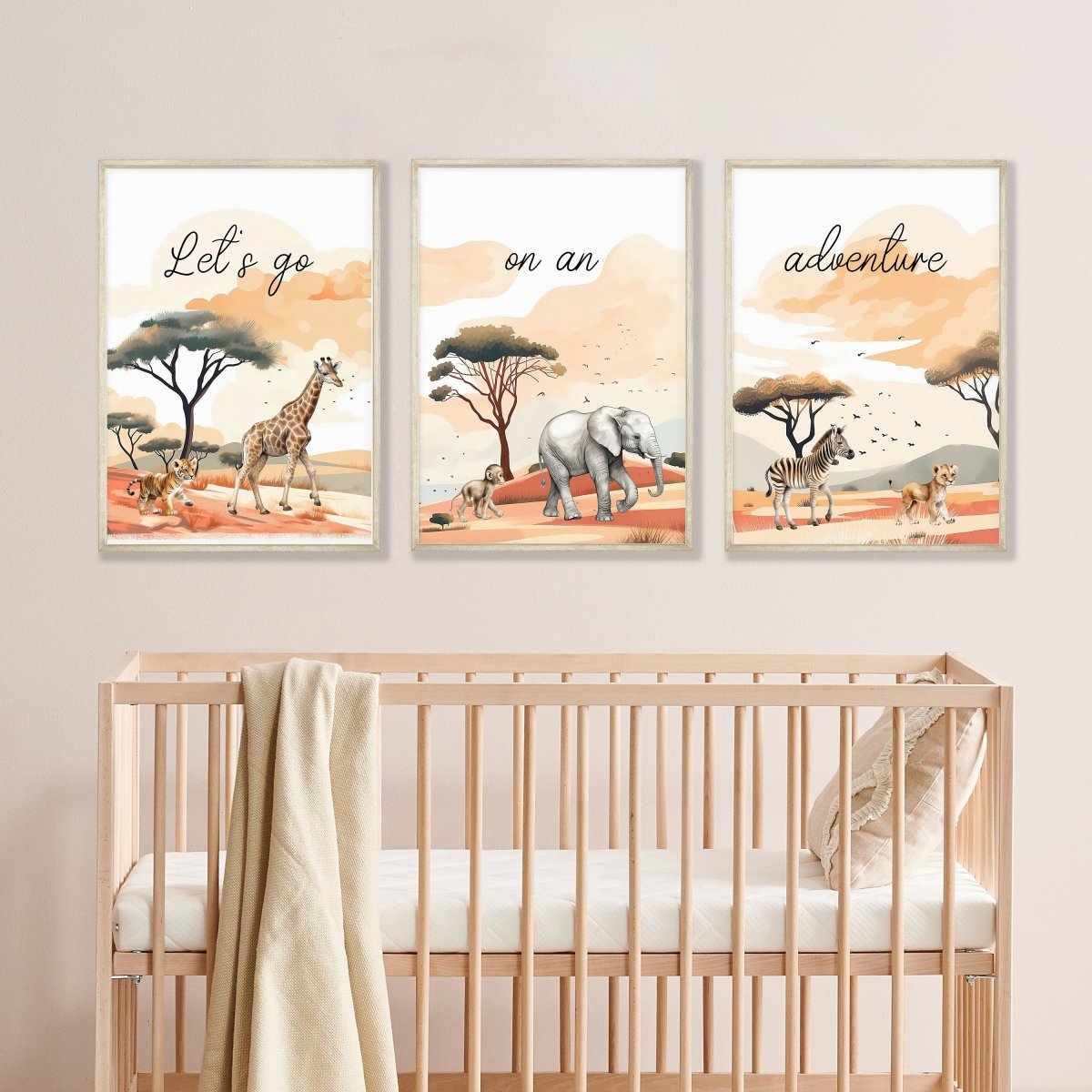 Safari Animal Nursery Wall Prints, Set of 3 Safari Animals For Babies Bedroom, Gender Neutral Nursery Decor, Lets Go On An Adventure - RoseRowanDesign -