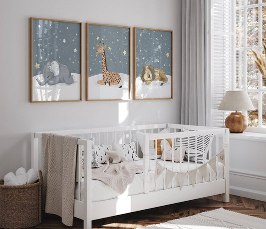 Safari Animal Nursery Wall Prints | Set of 3 | Sleeping Animals & Starry Night Decor for Babies' Room - RoseRowanDesign -